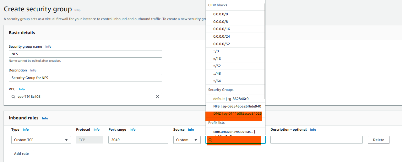 Create Security Group AWS Console